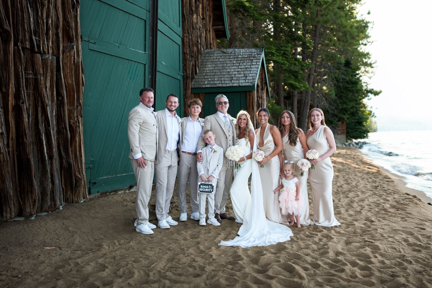 Wedding party and family gathered beside Lake Tahoe